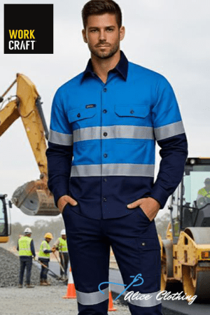 Male model wearing blue high-visibility work shirt with reflective bands and navy pants at a construction site; logos 'Work Craft' and 'Alice Clothing' visible.