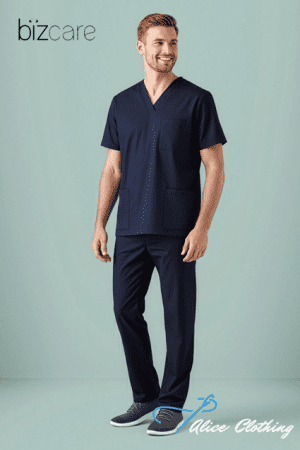 Model wearing navy medical scrubs (short-sleeve top with chest pocket, matching pants) standing and smiling; Bizcare logo visible in top-left.