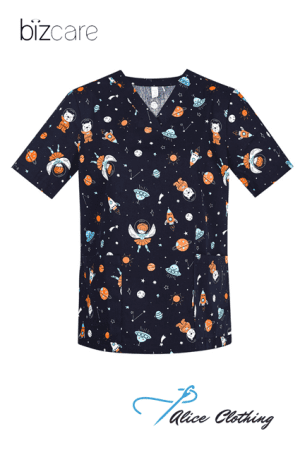 Navy scrub top with space-themed print featuring astronauts, rockets and planets.