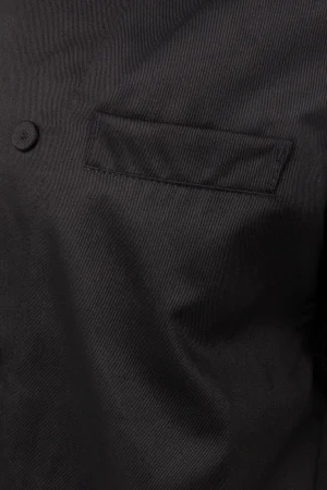Black suit jacket with a stitched rectangular breast pocket and matching fabric flap visible to the right.