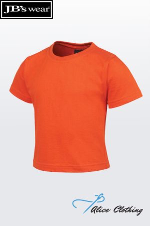 Bright orange short-sleeve crew-neck T-shirt on a pale gradient background; branded by JB's Wear and Alice Clothing watermark nearby.