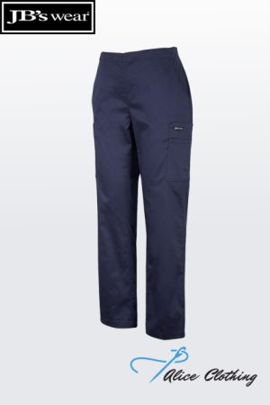 Navy cargo scrub pants with a right-side thigh pocket and JB's Wear branding