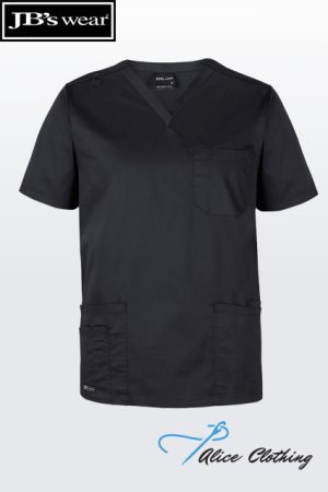 Black V-neck scrub top with short sleeves, chest pocket, and two lower patch pockets from JB's Wear.