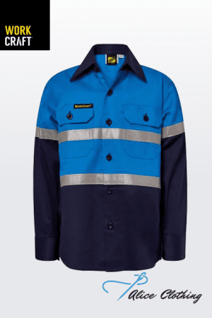 Unisex blue high-visibility work shirt with reflective stripes, navy lower half, two chest pockets, button front; WorkCraft logo on left chest.