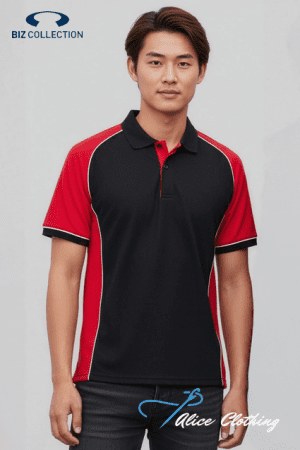 Male model wearing a black polo shirt with red sleeves and white piping, standing against a light backdrop; Biz Collection branding shown in the corner.