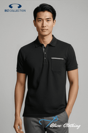 Male model wearing a black polo shirt with a front pocket, studio pose with Biz Collection logo in corner; Alice Clothing watermark nearby.