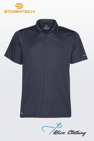 Navy polo shirt on a light gradient background with Stormtech logo at top left and Alice Clothing branding at bottom right.