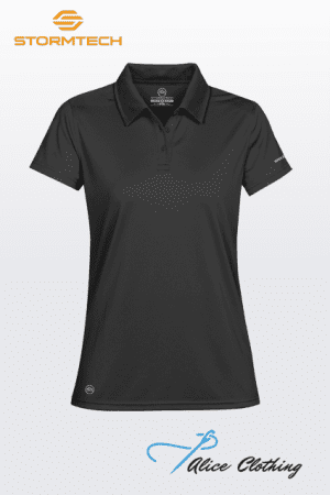 Black women's polo shirt with short sleeves and collar; subtle dot pattern on chest; Stormtech logo at top-left and Alice Clothing watermark bottom-right.