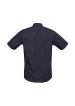 Back view of a navy short-sleeve shirt with a collar and curved hem, showing wide shoulders and folded sleeves