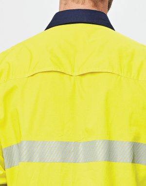 Back view of a bright yellow high-visibility jacket with a dark navy collar and a reflective diagonal stripe across the lower back.