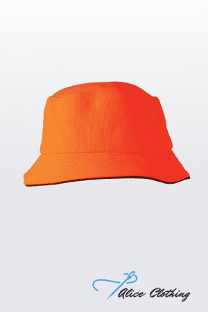 Bright orange bucket hat on a pale gradient background with the blue-script 'Alice Clothing' logo at the bottom.