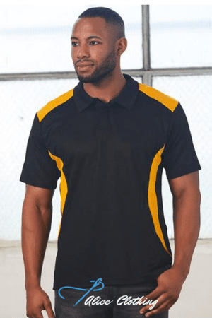 Man modeling a black polo with yellow shoulder and side panels, standing indoors; Alice Clothing logo at the bottom.