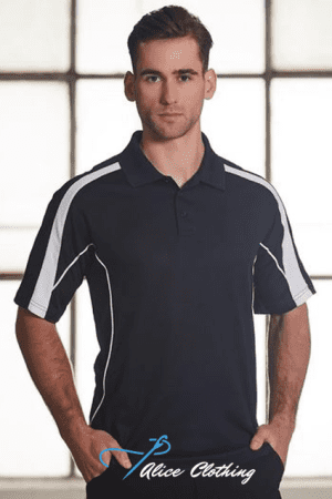 Male model wearing a navy polo with white piping, standing with hands in pockets; Alice Clothing logo at bottom.