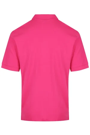 Back view of a bright pink polo shirt with short sleeves on a white background.