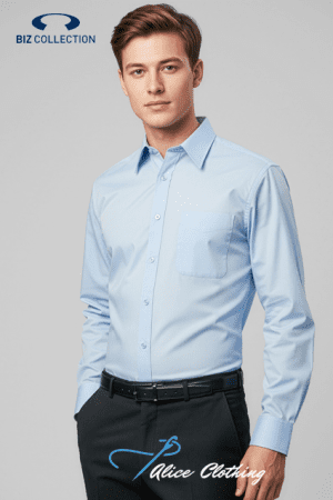 Model wearing a light blue dress shirt and black belt, with Biz Collection logo in the top-left and 'Alice Clothing' at the bottom. (fashion product shot)
