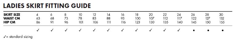 VH DM womens skirt fitting size