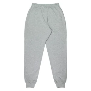 Heather gray sweatpants with elastic waistband and ribbed cuffs at the ankles? visible (loose fit, lounge wear)
