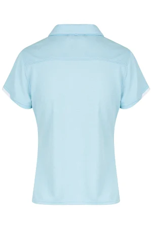 Light blue short-sleeve polo shirt shown from the back, with a collar and clean seams.