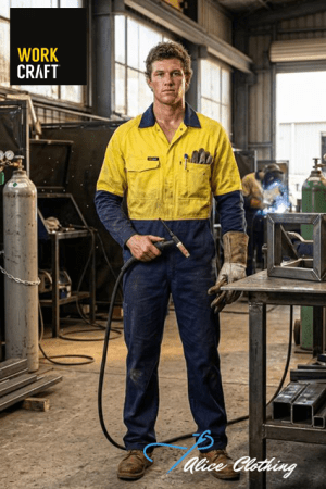 Welder in yellow and blue coveralls stands in a workshop, holding a welding torch with a hose; Work Craft logo in the corner.