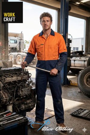 Male technician in orange and navy coveralls stands in a workshop beside an engine, holding a wrench; WorkCraft logo in the corner.