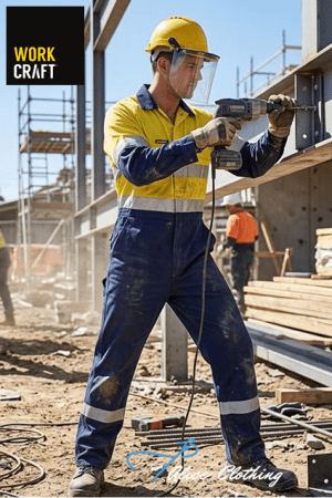 Construction worker in a yellow safety vest and helmet drills with a power tool on a construction site; WORK CRAFT logo appears in the top-left.