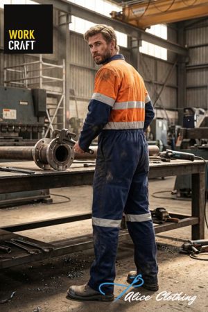 Male worker in orange and navy high-visibility coveralls stands at a metal workbench in an industrial shop, with Work Craft and Alice Clothing logos visible.