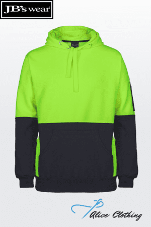 Neon lime green and navy color-block hoodie with drawstrings, shown on a white gradient background; JB's wear logo in the top-left corner and Alice Clothing watermark at the bottom.