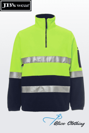 High-visibility neon jacket with reflective stripes across chest and sleeves, navy lower section and full-zip collar; JB's wear logo in corner and Alice Clothing watermark beneath.