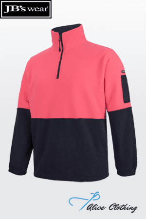 Color-block pink and navy pullover jacket with a half-zip collar and zippered sleeve pocket, displayed front view (JB's wear).