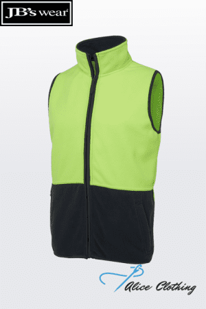 High-visibility neon vest with a black lower section and front zipper; branded JB's wear, shown with Alice Clothing logo in corner.