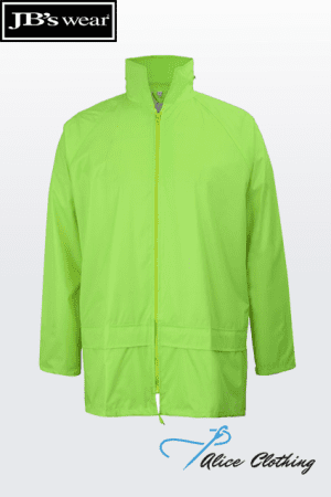 Bright lime-green windbreaker with a full-length zipper and stand-up collar; long sleeves and a hem drawcord.