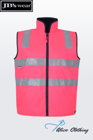 Bright pink high-visibility safety vest with two horizontal silver reflective bands and a full front zipper.