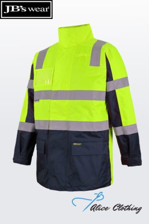 High-visibility safety jacket in neon yellow with navy lower section and reflective stripes; front pockets and a JB's Wear branding patch описosed on chest area, designed for outdoor work safety.
