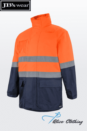 High-visibility jacket with orange top, navy bottom, two reflective bands, front zipper, and multiple pockets.