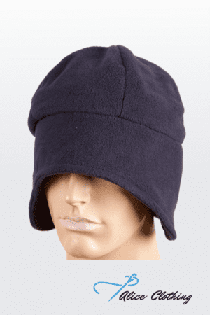 Navy blue fleece hat with ear flaps on a mannequin head.