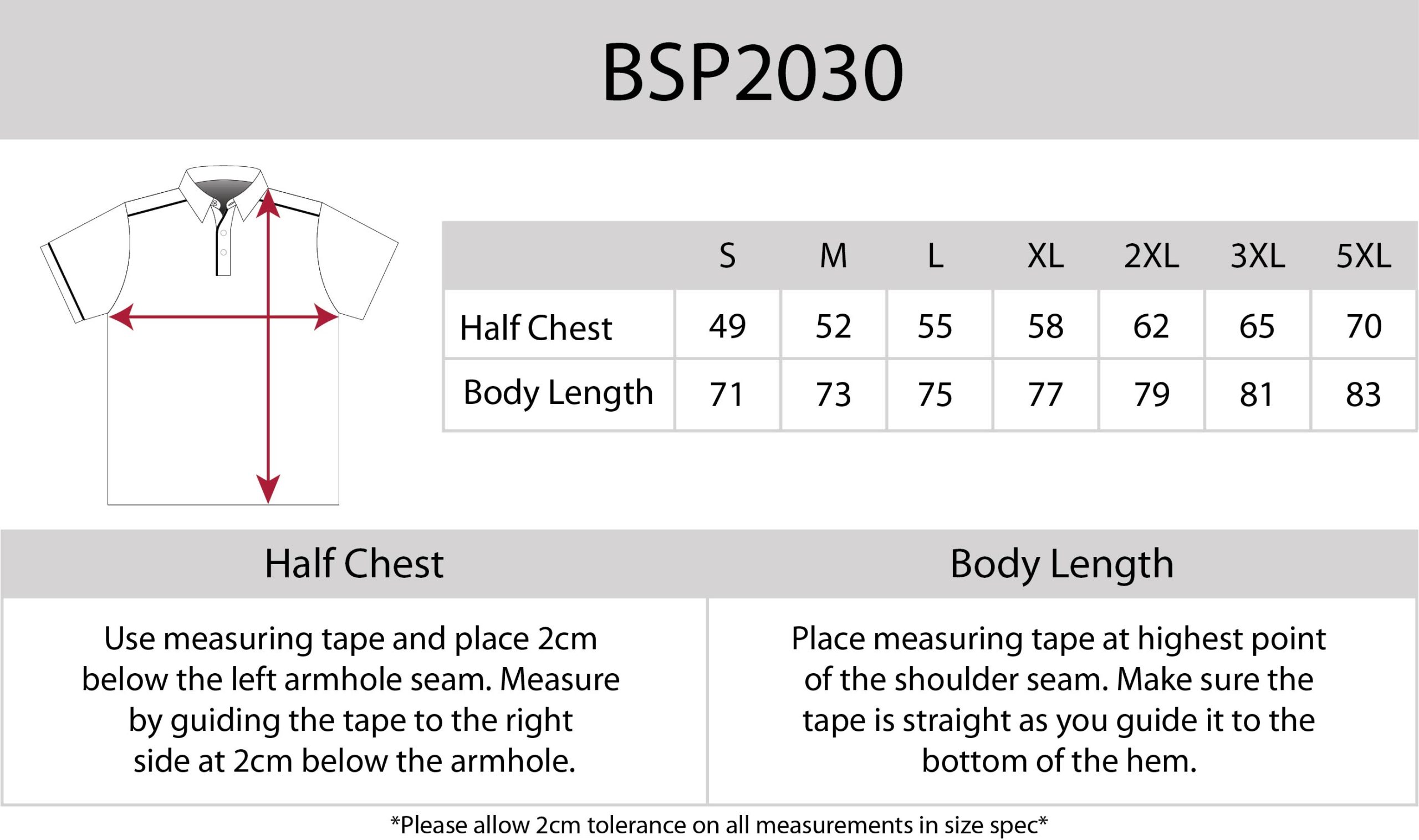 SIZE CHART BSP2030 SIZE CHART BSP2030