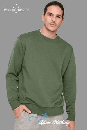 Male model wearing an olive-green crewneck sweatshirt against a gray background; visible logos include 'Winning Spirit' top left and a 'Alice Clothing' watermark bottom.