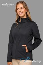 Smiling woman wearing a black zip-up jacket with a high collar, left hand in pocket, posed in a studio with gray backdrop; Winning Spirit logo top left and Alice Clothing logo bottom right.