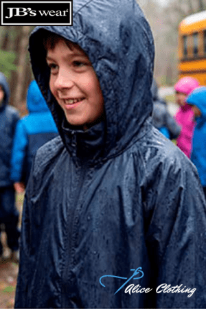 Smiling child in a dark blue raincoat with hood, outdoors in light rain; JB's Wear logo top-left and Alice Clothing logo bottom-right.