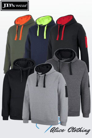 Six-color hoodie display from JB's wear: olive, navy, black (red drawstrings) and charcoal, light gray, showing front views with hoods up; Alice Clothing watermark present.