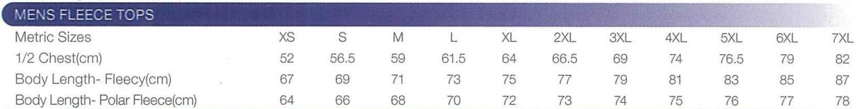 DNC Fleece Top Sizing