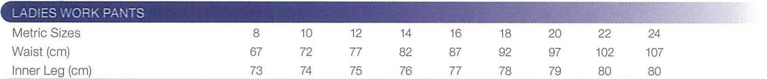 DNC Ladies Work Pants Sizing DNC Ladies Work Pants Sizing