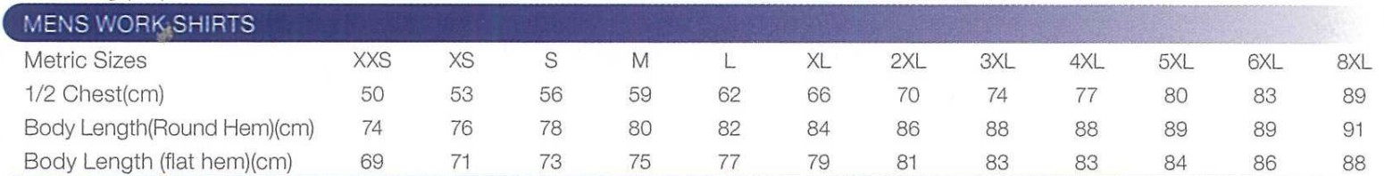 DNC Mens Work Shirt Sizing