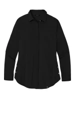Black long-sleeve button-down shirt with a classic collar and a curved hem, plain front