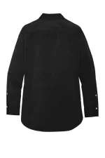 Back view of a black long-sleeve shirt with a curved hem, no visible logos or patterns.