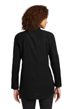 Back view of a person wearing a black long-sleeve shirt with a curved hem, standing against a white background.