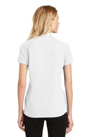 Back view of a woman wearing a white short-sleeve polo shirt.