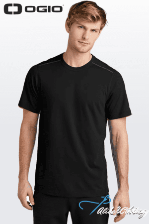 Male model wearing a black short-sleeve athletic shirt with the Ogio logo in the upper-left corner.