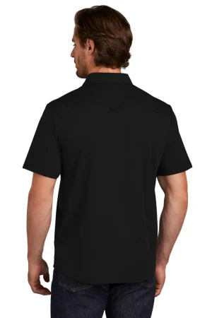 Back view of a man wearing a black short-sleeve shirt