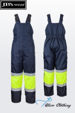 Navy blue waterproof bib overalls with neon yellow high‑visibility bands and reflective stripes, shown from front and back.